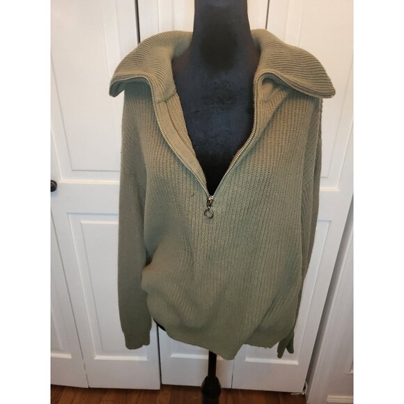 Talbots Olive Green Ribbed Half Zip Sweater Wide Collar M Preppy Minimal Modest - Picture 5 of 8